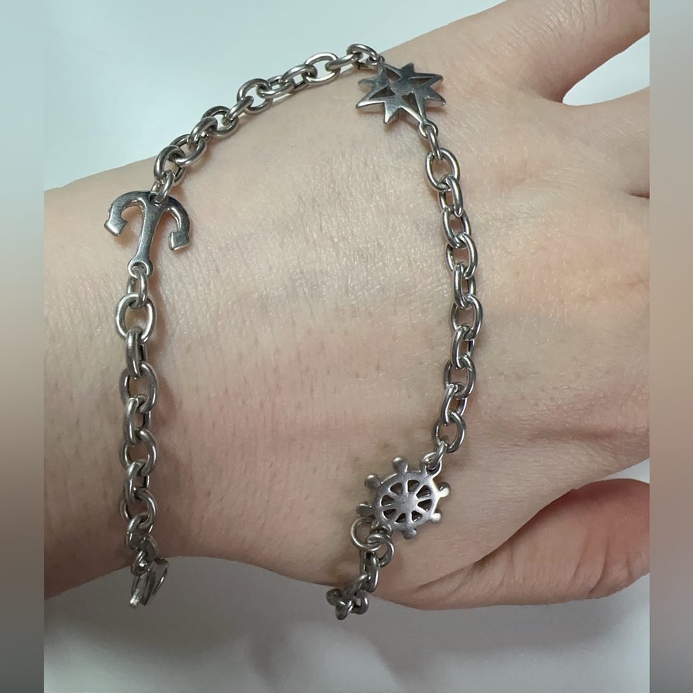 Full Silver Hallmarks Vintage Anchor Compass Charm Bracelet